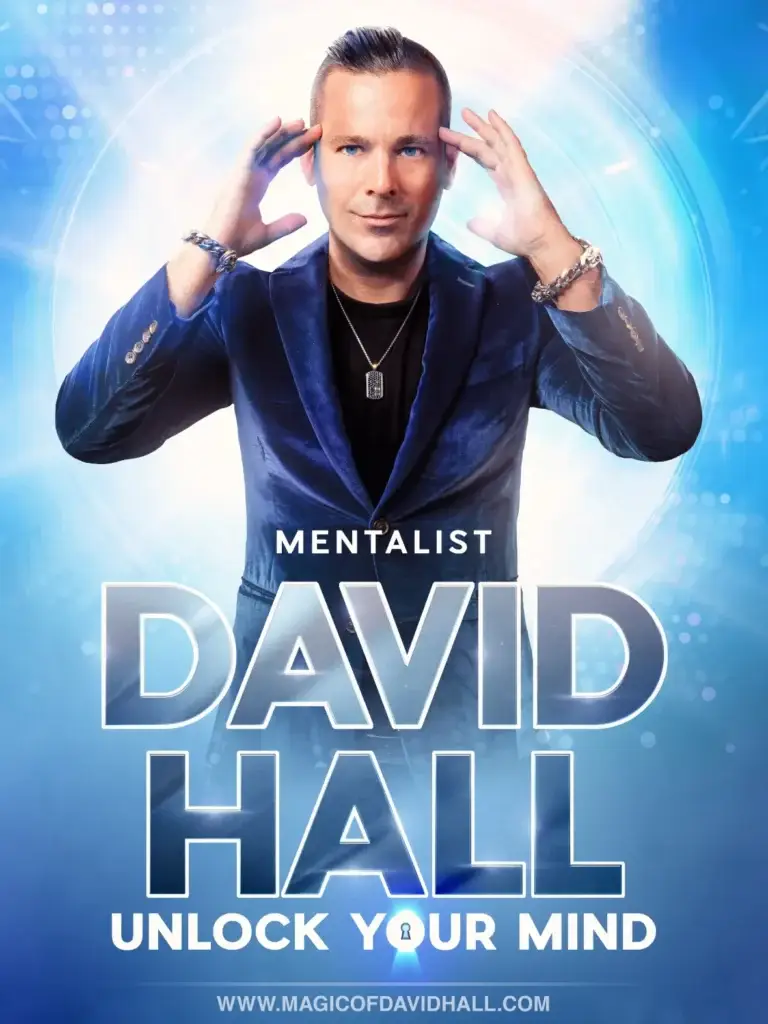 Promotional poster for corporate mind reader David Hall featuring the tagline “Unlock Your Mind”